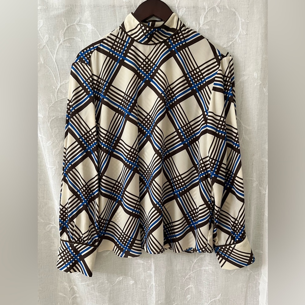 Zara Cream Blouse with Black & Blue Plaid Size Medium